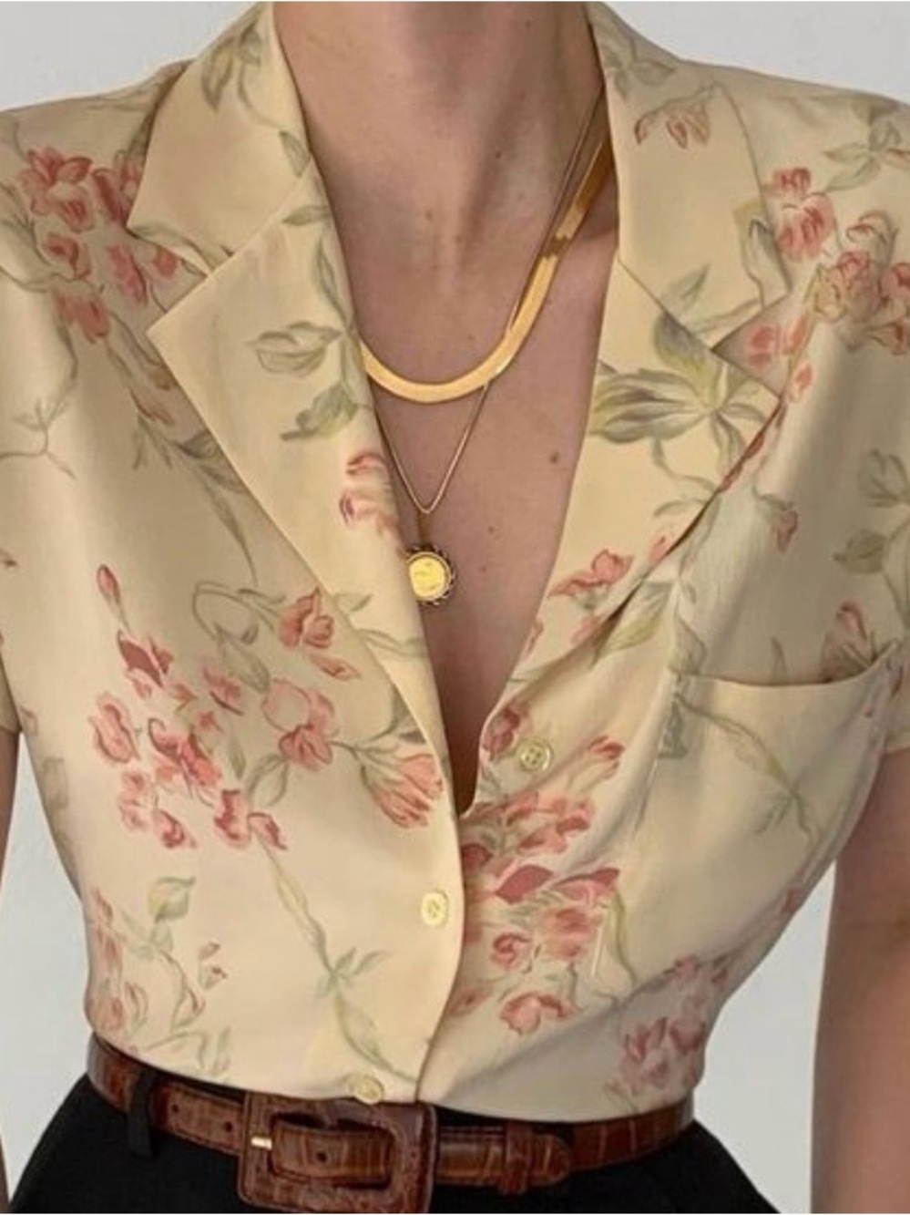 Lauren Ralph Lauren Cream Floral Camp Collar 100% Silk Button-Up